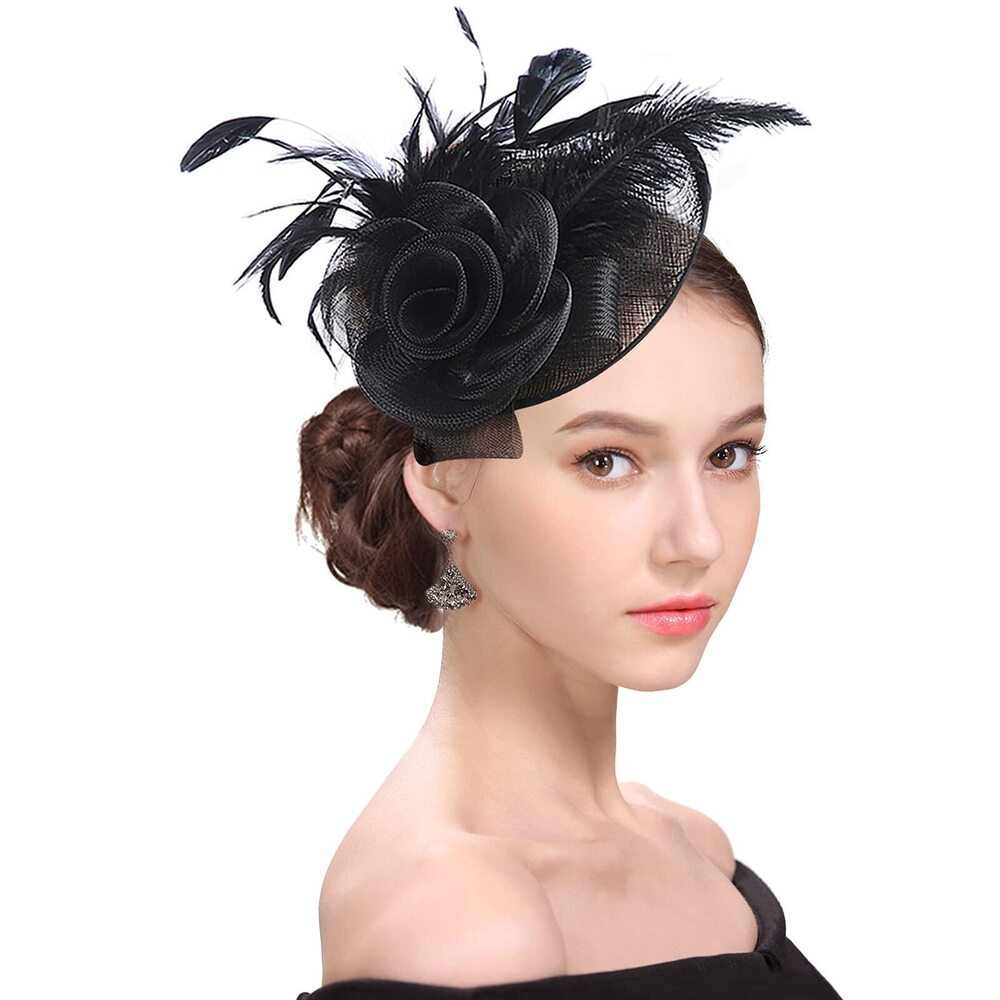 Black Feathered Rose Fascinator Hat - Women's Hair Accessory